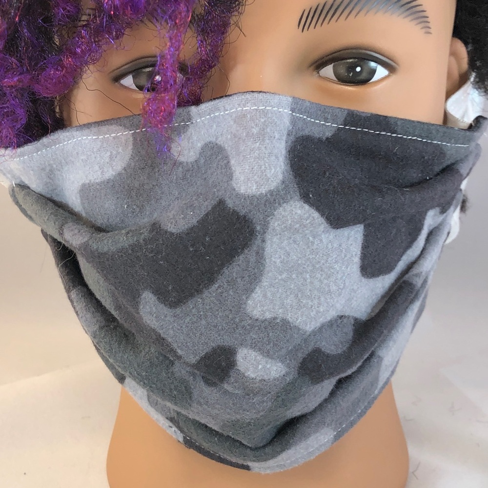 Gray Camo Flannel Two sided face mask w/ nose wire